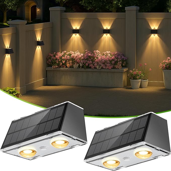 LANSOW Solar Fence Lights 2 Pack, Solar Powered Lights Outdoor Waterproof, 9-Mode Warm/Cool White & RGB Up-Down Led Spot Wall Lights Dusk to Dawn Decor for Backyard, Deck, Patio, Pool, Railing(Black)