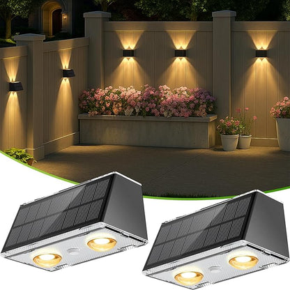 LANSOW Solar Fence Lights 2 Pack, Solar Powered Lights Outdoor Waterproof, 9-Mode Warm/Cool White & RGB Up-Down Led Spot Wall Lights Dusk to Dawn Decor for Backyard, Deck, Patio, Pool, Railing(Black)
