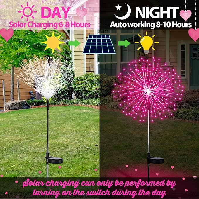 4 Pcs Valentine's Day Solar Lights Outdoor Pink Solar Firework Lights Decoration 180 LEDs 8 Modes Waterproof Valentine LED Stake Sparkler for Walkway Pathway Driveway Garden Yard Lawn Path(Pink)