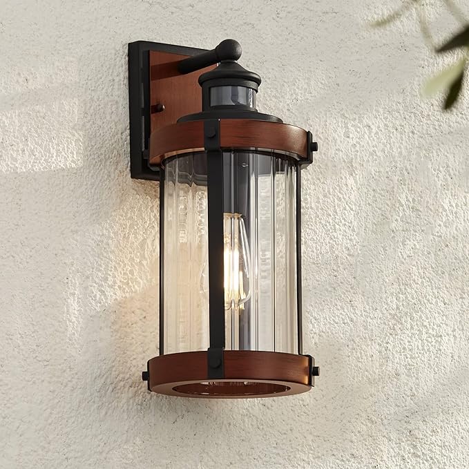 John Timberland Utley Industrial Outdoor Wall Light Fixture Dark Wood Finish Black 15 1/2" Motion Sensor Clear Glass for Exterior House Porch Patio Outside Deck Garage Yard Front Door Garden Home