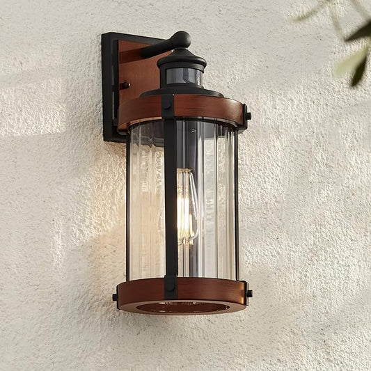 John Timberland Utley Industrial Outdoor Wall Light Fixture Dark Wood Finish Black 15 1/2" Motion Sensor Clear Glass for Exterior House Porch Patio Outside Deck Garage Yard Front Door Garden Home