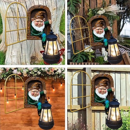 Garden Gnomes Decor Outdoor Statue - Christmas Gnome Decorations with Solar Lights Whimsical Elf Out The Door Tree Hugger Garden Statues Tree Face Gnomes Yard Art for Patio,Fence,Lawn Gnomes Ornament