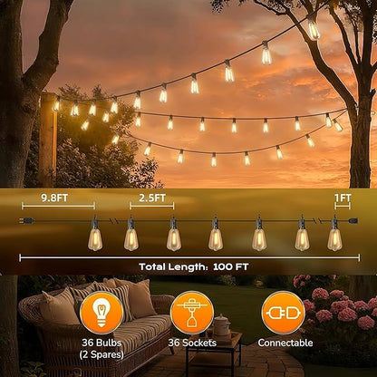GPATIO Outdoor String Lights, 100FT Shatterproof Patio Lights, IP65 Waterproof Dimmable Outside Hanging Light, Connectable LED Outdoor Lights for Backyard, Porch, Deck, Balcony, Garden, Home Decor