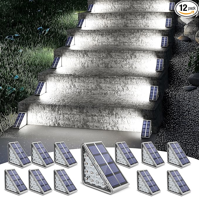 NIORSUN Solar Stair Lights Outdoor Waterproof IP67, 12 Pack Auto On/Off Solar Step Lights for Steps, Patio, Porch, Deck Decor, Cool White