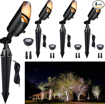 Gardenreet Brass Landscape Lighting Black, Low Voltage Spotlights Outdoor, 12V LED Wired Uplights, Waterproof Spot Lights for Outside Trees, with 5W 4000K Natural White MR16 Bulb (4 Pack)