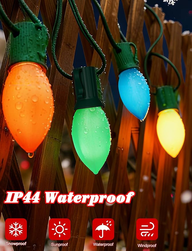 C9 Vintage LED Christmas Lights Outdoor, 25Ft Christmas Tree Lights with 26 Colorful Ceramic LED Bulbs(1 Spare), Hanging Xmas Lights Outdoor for Party/Garden/Yard/Holiday Decor
