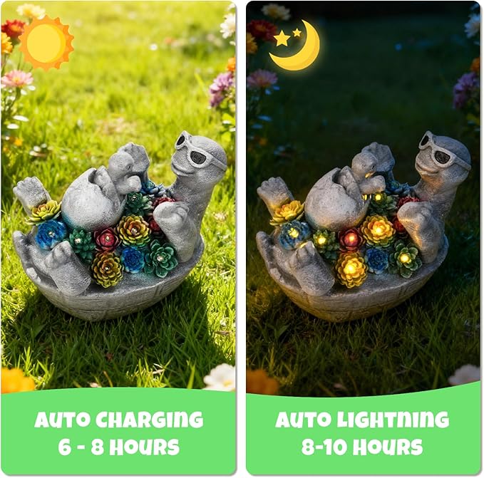Solar Garden Statue Light, 8inch Cute Turtle with Baby Outdoor Decor for Patio, Lawn, Yard, Pathway, Housewarming Birthday Gifts for Dad, Mom, Grandma,Women (Grey Turtle)