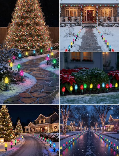 38FT C9 Christmas Stake Lights Outdoor,25 Pack Weatherproof Christmas Pathway Lights with C9 Multicolor Bulbs and Stakes for Garden Lawn Backyard Snowfield Xmas Decorations