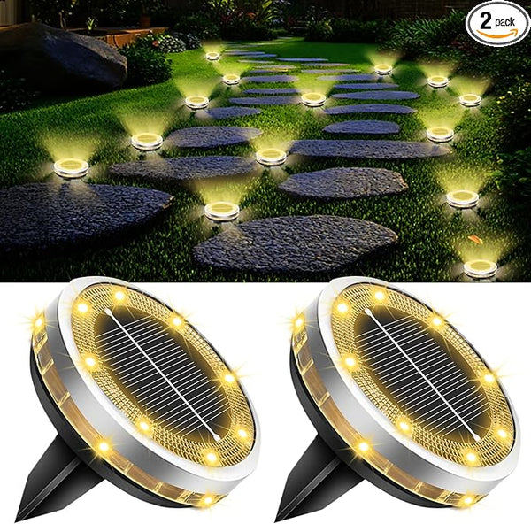Solar Ground Lights Outdoor 2 Pack Waterproof, Upgraded Solar Garden Lights with 4 Side Light, Stainless Steel | Lumora