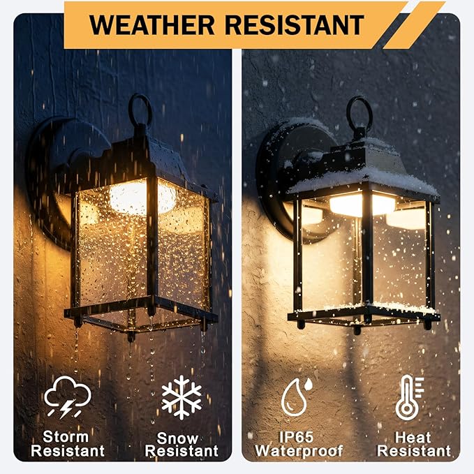 LIT-PaTH Outdoor LED Wall Lantern, Wall Sconce Exterior Porch Lighting Fixture, 3000K Warm White, 9.5W 800 Lumen, Aluminum Housing Plus Glass, Black Finish, 2-Pack
