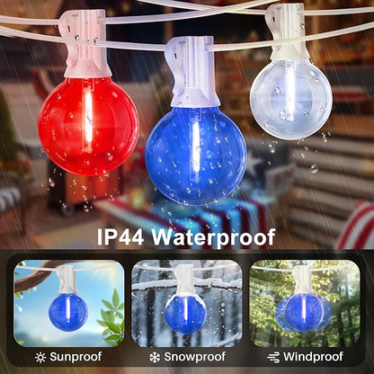 LAMPHOME 26Ft LED G40 Red White and Blue Lights Outdoor 4th of July Lights with12+1 Shatterproof Bulbs for Patriotic Decor in Yard Garden Patio - Light up Memorial Day 4th of July Decorations Outdoor