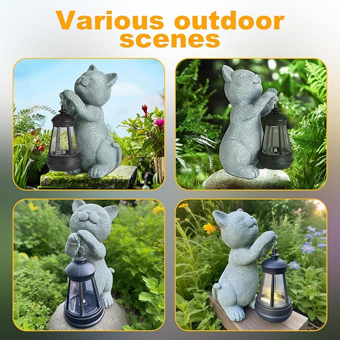 Solar Cat Garden Statue with LED Light - Cute Cat Figurine for Outdoor Decor, Weatherproof Resin Night Light for | Lumora