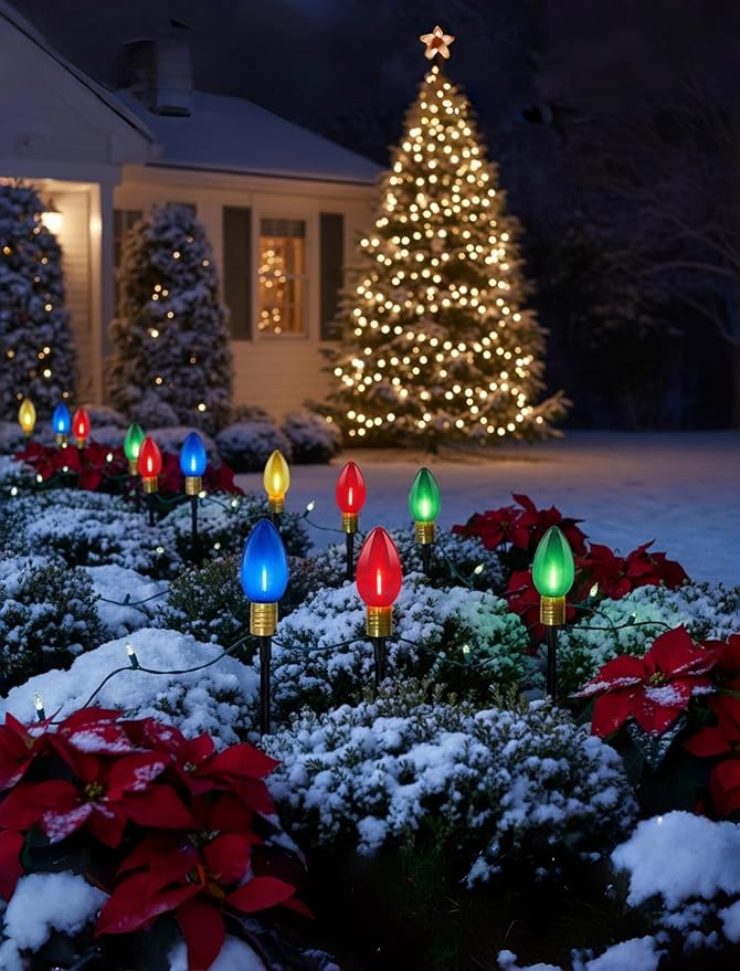 C9 LED Christmas Pathway Lights 7Ft Multicolor Pathway Christmas Lights Walkway Light Outdoor with 4 Colorful Clear Bulbs, Connectable Holiday Commercial Xmas Decoration- Green Wire