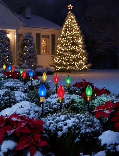 C9 LED Christmas Pathway Lights 7Ft Multicolor Pathway Christmas Lights Walkway Light Outdoor with 4 Colorful Clear Bulbs, Connectable Holiday Commercial Xmas Decoration- Green Wire