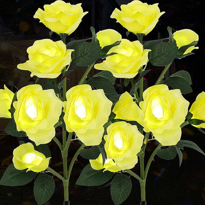 Solar Rose Lights Outdoor, 2 Pack with 14 Rose Flowers Waterproof Color Changing LED Flower Lights, Solar Powered Garden Stakes for Yard, Patio, Pathway Decor - Artificial Floral Decorative Lighting