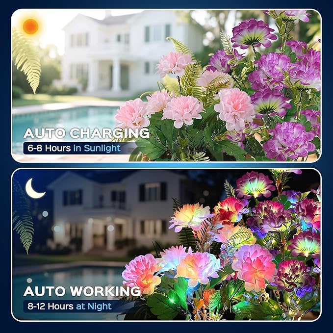 2 Pack Solar Garden Lights Outdoor, LED Colorful Waterproof Solar Powered Chrysanthemum Flowers Landscape Lights for Patio, Outside Yard, Pathway Decorative, Décor, Gifts, Two Lighting Modes