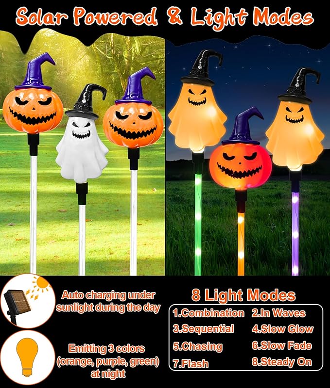 Halloween Decorations Outdoor Solar Pumpkin Ghost Witches Hats Lantern Garden Stake Lights, 6 Pack 8 Modes Solar Halloween Lights Waterproof for Outside Yard Pathway Grave Lawn Porch Party Decor Decor
