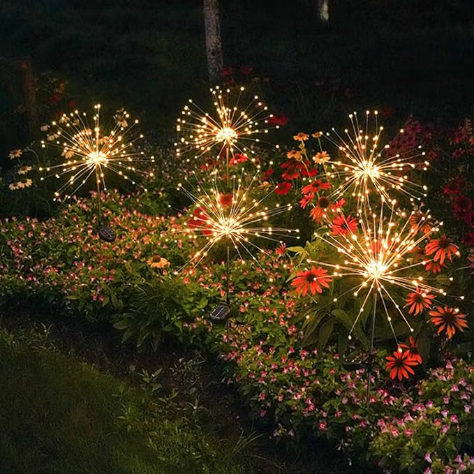 Solar Garden Firework Lights Outdoor Waterproof, 2 Pack 150 LED 8 Lighting Modes Sparklers Solar Twinkling Starburst Lights for Yard Flowerbed Pathway Fence Decorations, Warm White