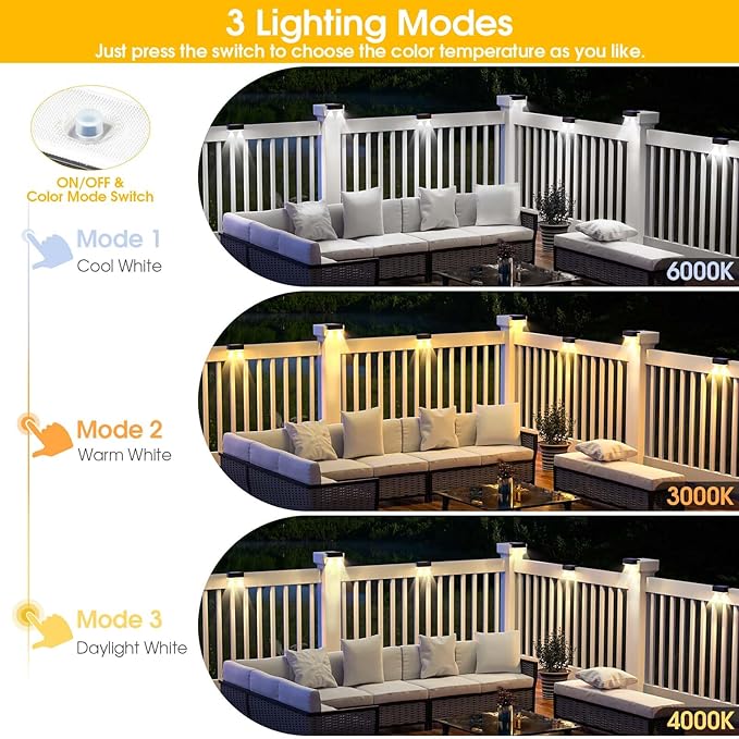 Solar Deck Light, 12 Packs LED Solar Step Lights Outdoor Waterproof, Solar-Powered Fence Lighting 3 Color Modes for Stairs Yard Garden Pathway