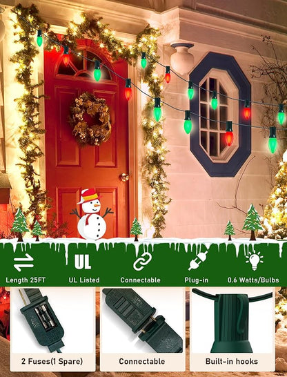 25Ft C9 LED Christmas Lights Outdoor, C9 Red and Green Christmas String Lights with 26 LED Shatterproof Bulb, Hanging Vintage Christmas Lights for Patio Xmas Tree Roofline Wedding Party Backyard Decor