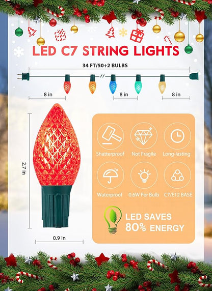 Multicolor C7 LED Christmas Lights Outdoor, 34FT Colorful Christmas String Lights with 50+2 Plastic Bulbs, Traditional Hanging Holiday Lights for Christmas Tree Patio Fence Roofline Xmas Decorations