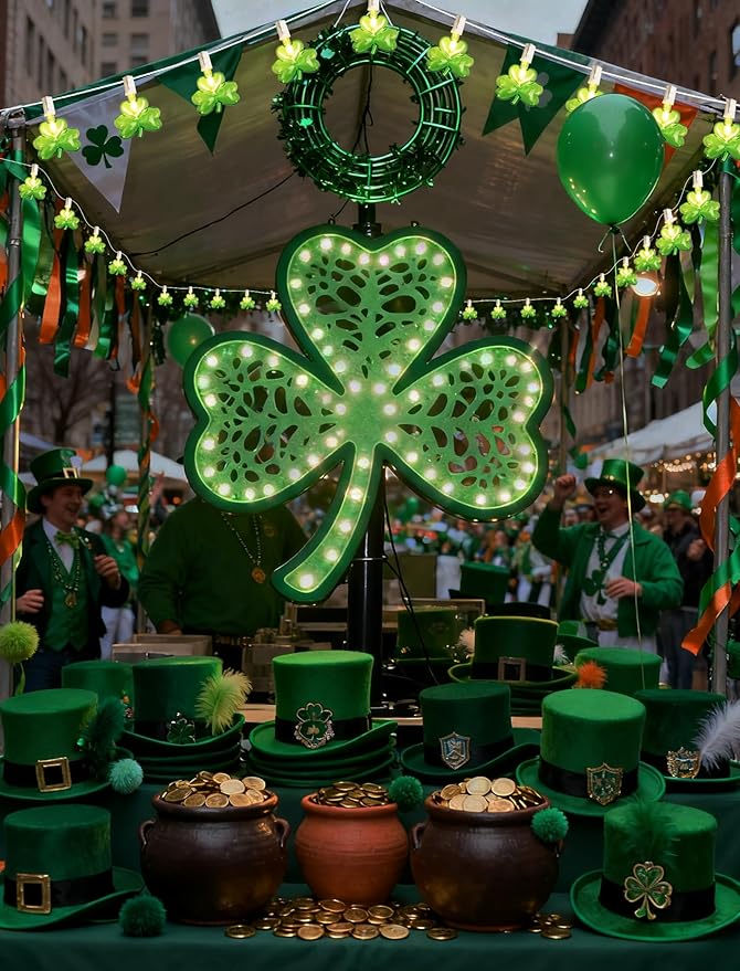 St Patricks Day Shamrock String Lights, 10.5ft Connectable Outdoor Green Clover Lights, Warm White Wire, UL Listed Waterproof