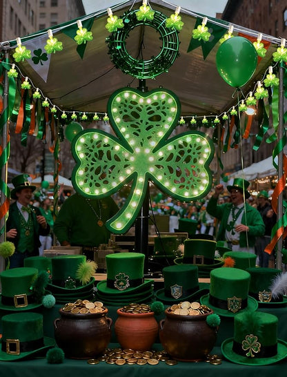 St Patricks Day Shamrock String Lights, 10.5ft Connectable Outdoor Green Clover Lights, Warm White Wire, UL Listed Waterproof