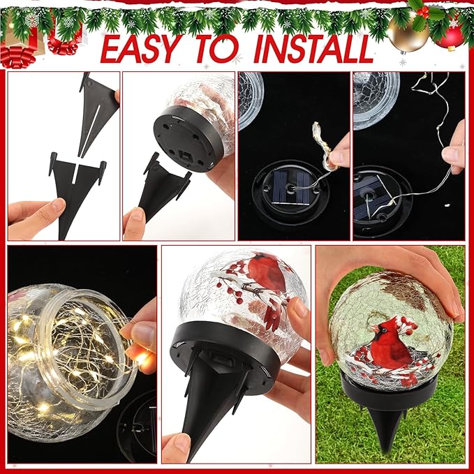 WILLBOND 4 Pcs Cardinal Bird Solar Light Outdoor Glass Ball Red Bird Solar Globe Ground Lights Christmas Lawn Garden Pathway Yard Ornaments for Patio Porch Decorations Mom Gift