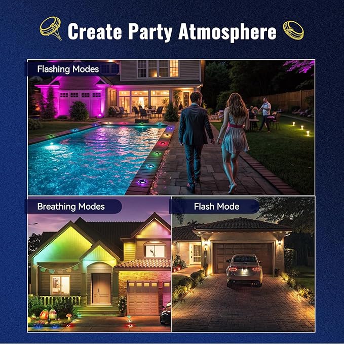 Solar Driveway Lights Outdoor 12 Pack, RGB Colors Solar Deck Dock Lights Outdoor Waterproof IP68, 3 Dynamic Light Modes Driveway Marker for Warning Stair, Boat Dock, Step, Walkway, Garden Decor