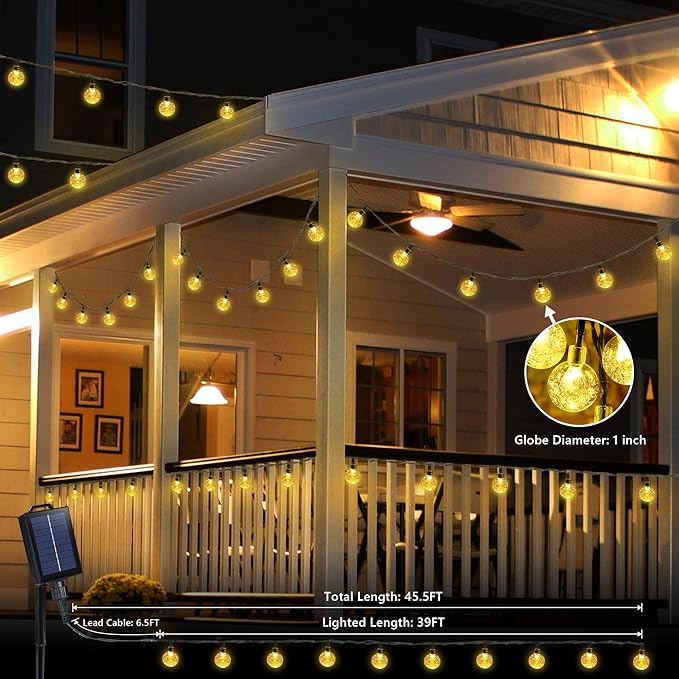 Joomer Solar Powered String Lights,39FT 60 LED Outdoor Solar String Lights Crystal Ball Lights 8 Modes Solar Globe Lights for Garden, Gazebo, Porch, Lawn, Patio, Tree Decor (Warm White)
