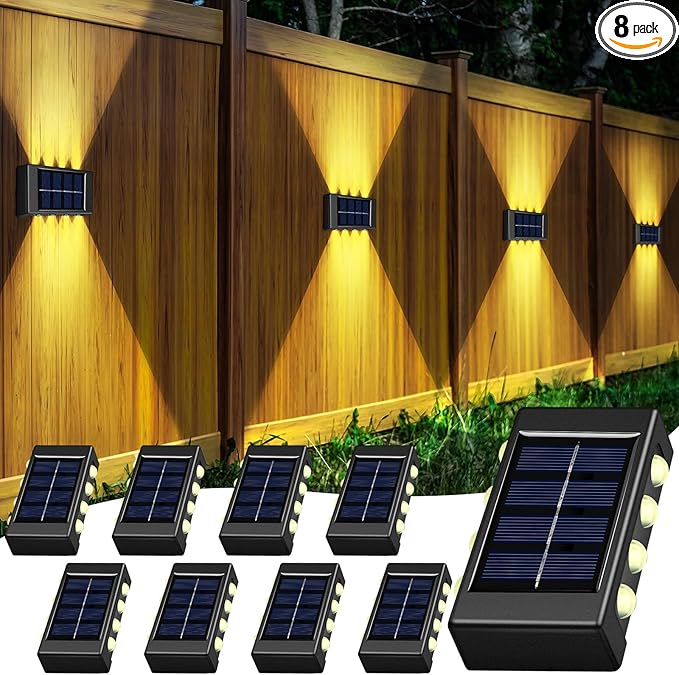 8 Pack Solar Wall Lights for Outside 3000K Warm Solar Fence Lights Up and Down Autumn LED Outdoor Decorative | Lumora