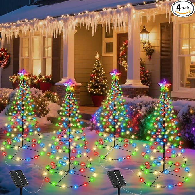 4 Pack Solar Spiral Christmas Tree Lights Outdoor, 32inch 270LEDs Christmas Pathway Light with 8 Modes, Auto On/Off, IP65 Waterproof, Timer & Memory Function for Yard Garden Christmas Decorations