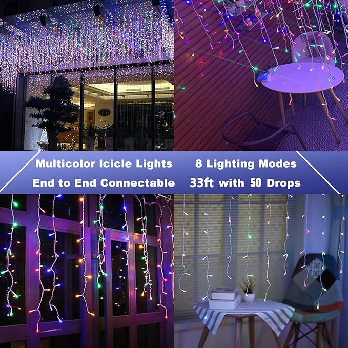 Joomer Christmas Icicle Lights - 33FT Plug in String Lights Waterproof, 8 Modes Timer Connectable Outdoor String Light for Christmas Party, Eaves, Roofs, Xmas Decorations (Multicolor)