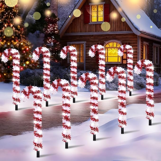 10 Pack Christmas Candy Cane Lights, 15 inch Tinsel Christmas Candy Cane Pathway Lights with 8 Modes & Timer for | Lumora