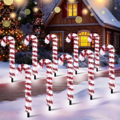 10 Pack Christmas Candy Cane Lights, 15 inch Tinsel Christmas Candy Cane Pathway Lights with 8 Modes & Timer for Xmas Walkway Yard Lawn Outdoor Decorations(Red, White)