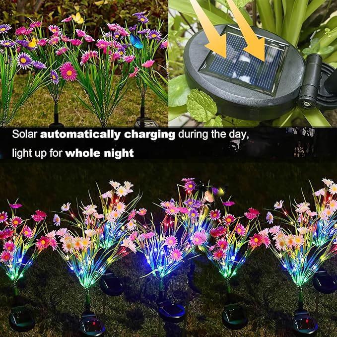 Decorative Solar Garden Lights, 4 Pack LED Lily and Butterfly Flower Outdoor Waterproof Lights for Yard, Patio, Lawn (Daisy)