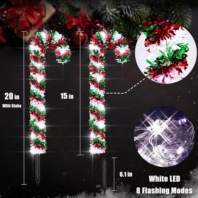 10 Pack Christmas Candy Cane Lights, Tinsel Candy Cane Christmas Decorations Pathway Lights with 8 Modes & Timer | Lumora