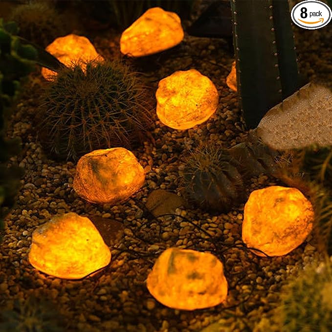 LIYAOLI Solar Rock Lights 8-Pack | Auto-Dimming & 8H Runtime | IP44 Waterproof Landscape Lighting for Garden/Pathway/Lawn (Rock - 8 Pack)