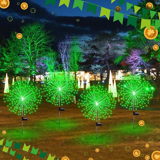4 Pcs St Patricks Day Solar Lights Solar Firework Lights Decoration 180 LED 8 Modes Waterproof LED Stake Sparkler Decor for Irish Walkway Pathway Driveway Garden Patio Yard Lawn(Green)