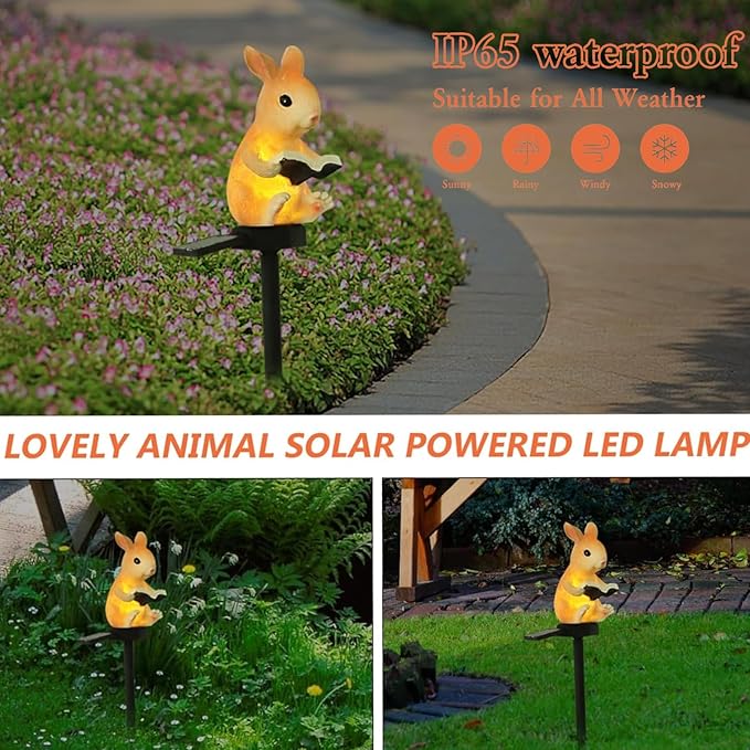 Garden Bunny Statue Solar Lights, Rabbit Outdoor Decor Stake Light, Egg Rabbit Figurines Decor for Patio Balcony Yard Lawn, Bunny Gardening Gift for Women, Mom, Grandma
