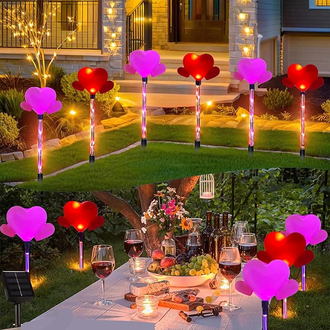 6 Pack Outdoor Solar Pathway Lights-Heart Stake Lightsing for Garden Valentine's Day Decor, Path Light, Waterproof Auto On/Off, Romantic Porch Walkway Romantic Wedding Party Yard Lawn