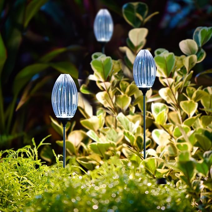 Glitzhome Solar Lights Outdoor 3 Pack Solar Oval Flower Stake Lights with Stainless Steel Pole for Garden Deck Patio Landscape Decorating