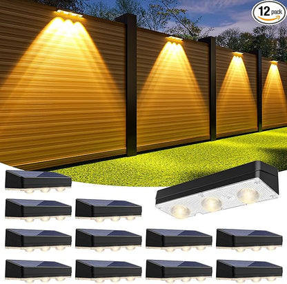 Solar Fence Lights Outdoor,1300mAh, 12pack,Warm/Natural/Cool White,IP65 Waterproof,Fence Lights Solar Powered,Solar Lighting for Deck, Backyard, Railing(Black)