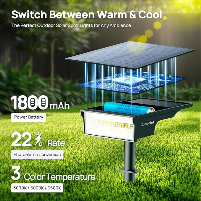 Consciot Solar Lights Outdoor Waterproof, 3000/5000/6500K Solar Garden Light, Adjustable 170° Spot Lights for Outside Yard Landscape Lighting Pathway Halloween, IP65, Auto On/Off, 4 Pack, WS002UCW