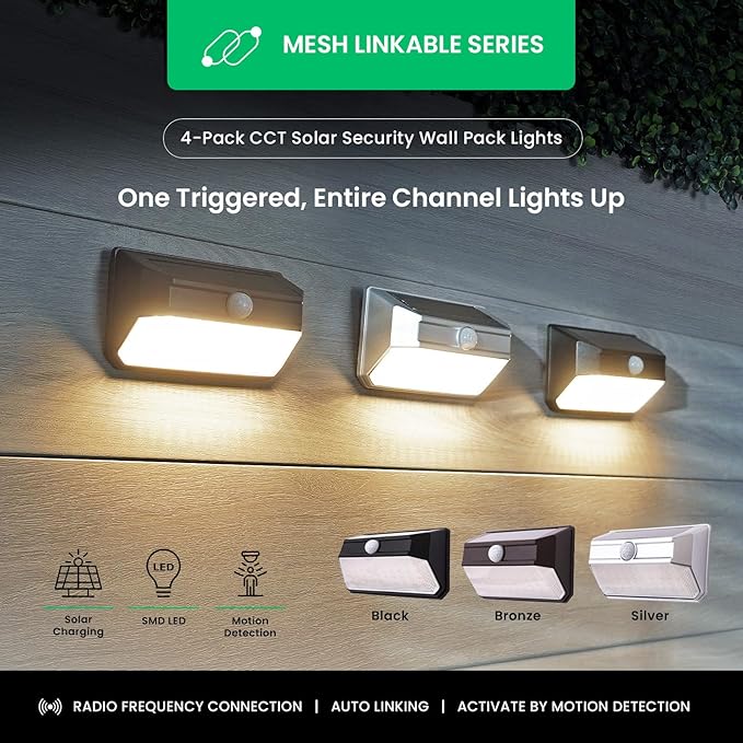 Home Zone Mesh Linkable Series 4-Pack Solar SMD LED Security Wall Pack Light, 800LM, Auto-Linking, 120°x26 ft Motion Detection, 3000K Warm White, Customizable 4-Channel Settings, Silver