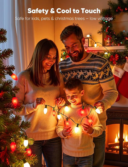 Vintage C9 LED Christmas Lights Outdoor, 100 Feet C9 String Lights with 100 Shatterproof Matte Bulbs, Connectable Waterproof Lights for Holiday Party Roofline Backyard Garden Patio, Red & Warm White