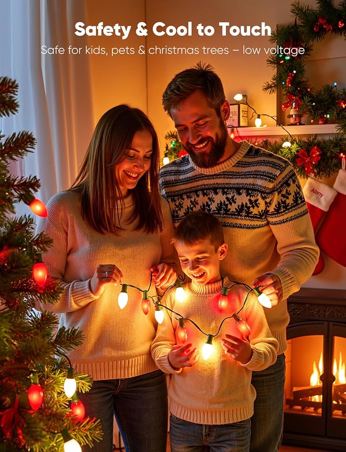 Vintage C9 LED Christmas Lights Outdoor, 50 Feet C9 String Lights with 50 Shatterproof Matte Bulbs, Connectable Waterproof Lights for Holiday Party Roofline Backyard Garden Patio, Red & Warm White