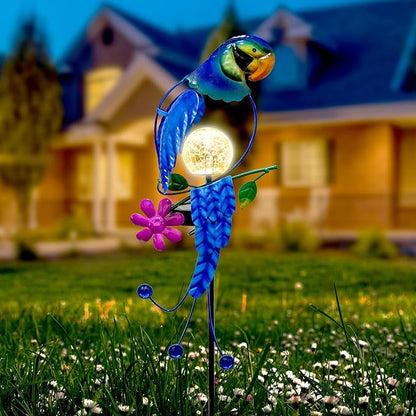 SmilingTown Solar Parrot Stake Lights Crackle Glass Globe Landscape Lamps Antique Metal Waterproof Decorative Light for Outdoor Pathway Lawn Patio Yard Warm White