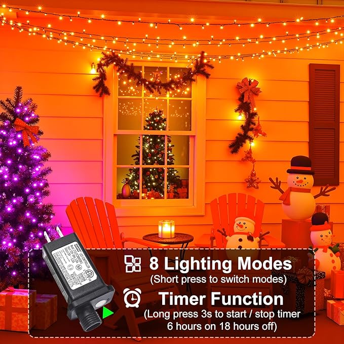 Orange Christmas Lights Outdoor, 66FT 200 LED String Lights for Outside with 8 Modes Waterproof, Plug in Connectable Twinkle Light Green Wire for Indoor Garden Tree Patio Party Decorations