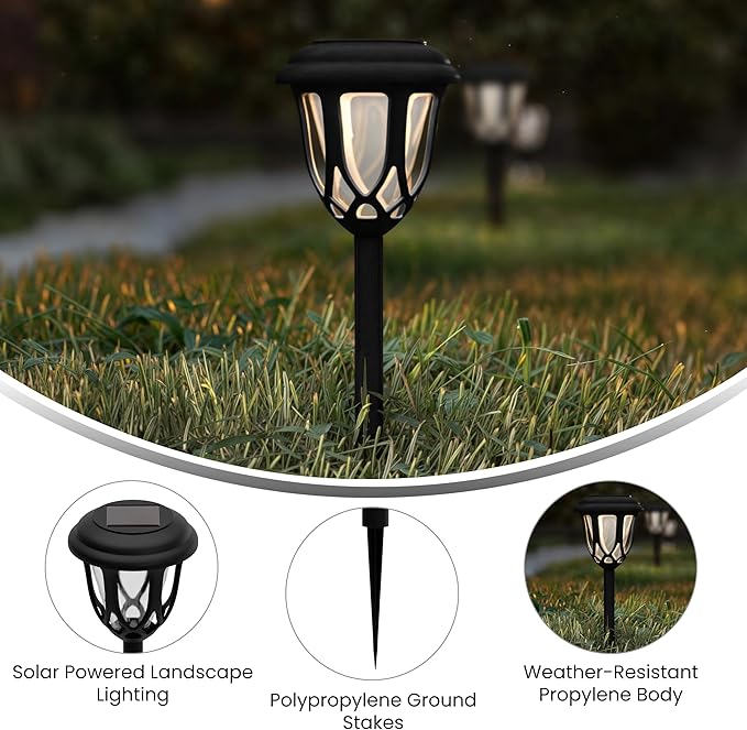 EMMA + OLIVER Carney Set of 8 Black Flared Solar LED Lights, Decorative Solar Powered Landscape Lighting for | Lumora
